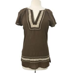Eddie Bauer Blouse Womens Extra Small Brown Short Sleeve Embroidered V Neck Top